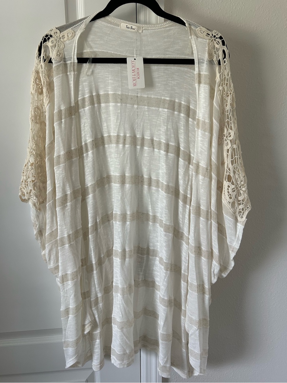Boho Chic Floral Crochet Lace Sleeve Open Front Kimono Cardigan Striped Knit